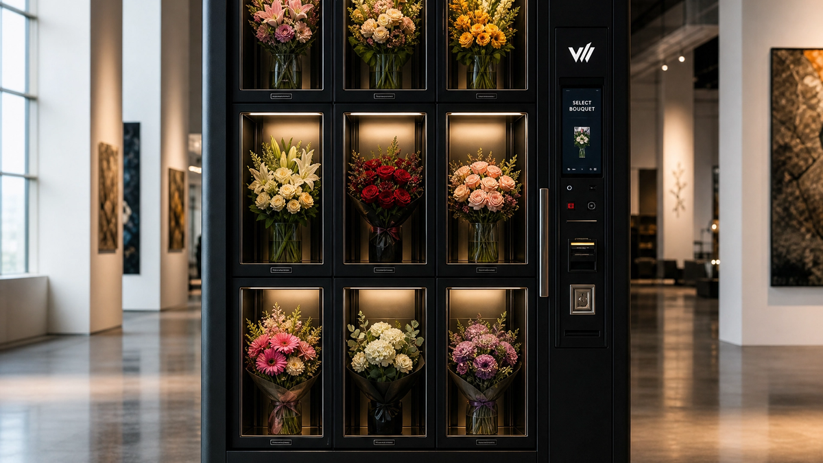Black VendiWin flower vending machine positioned in a stylish interior