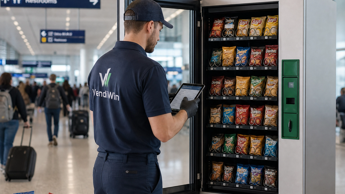 Operations visual showing VendiWin field staff restocking a vending machine