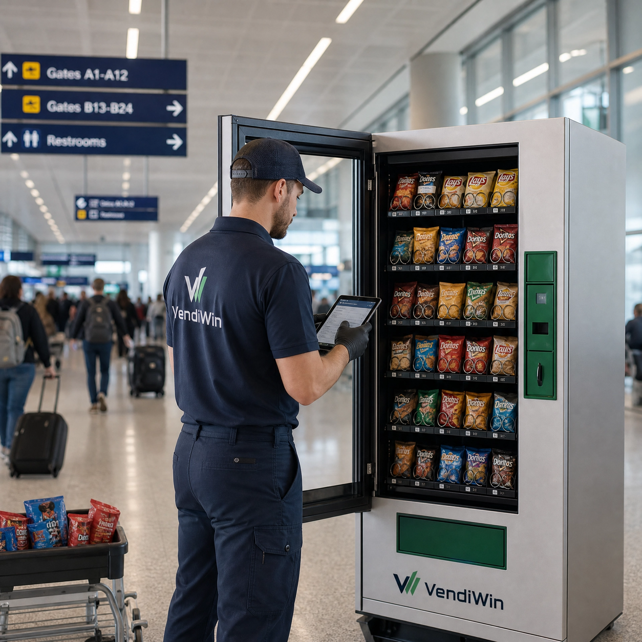 Havaalanında bir VendiWin saha görevlisinin snack otomatında servis yaptığı operasyon sahnesi